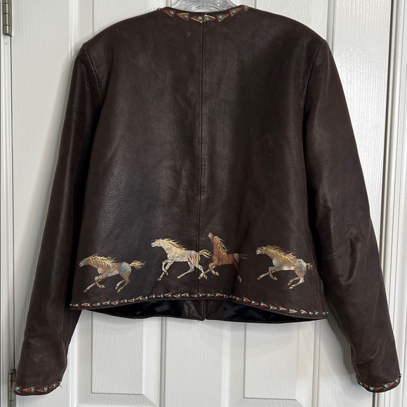 Patricia Wolf brown leather horses jacket turquoise stone details women’s large - Picture 2 of 12